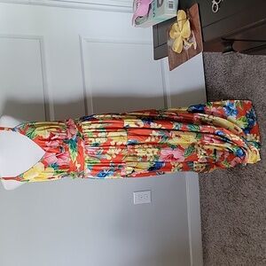 Boston Proper EUC LG V-Neck Bright Tropical Print Lined Maxi Dress